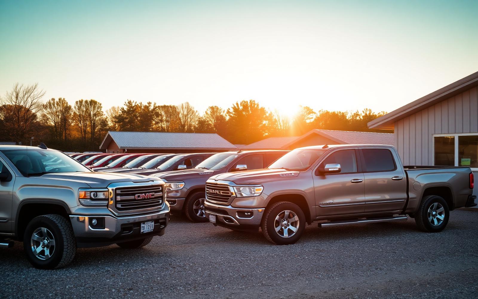 Used pickup trucks and SUVs parked on a rural dealership lot