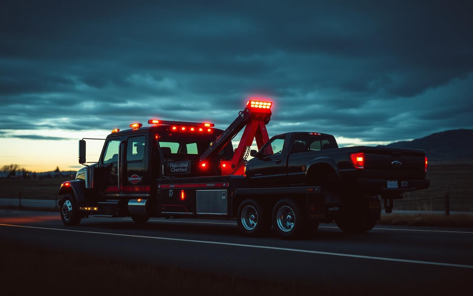 Tow truck hooking up a disabled pickup on a rural highway near Ford, Washington at dusk